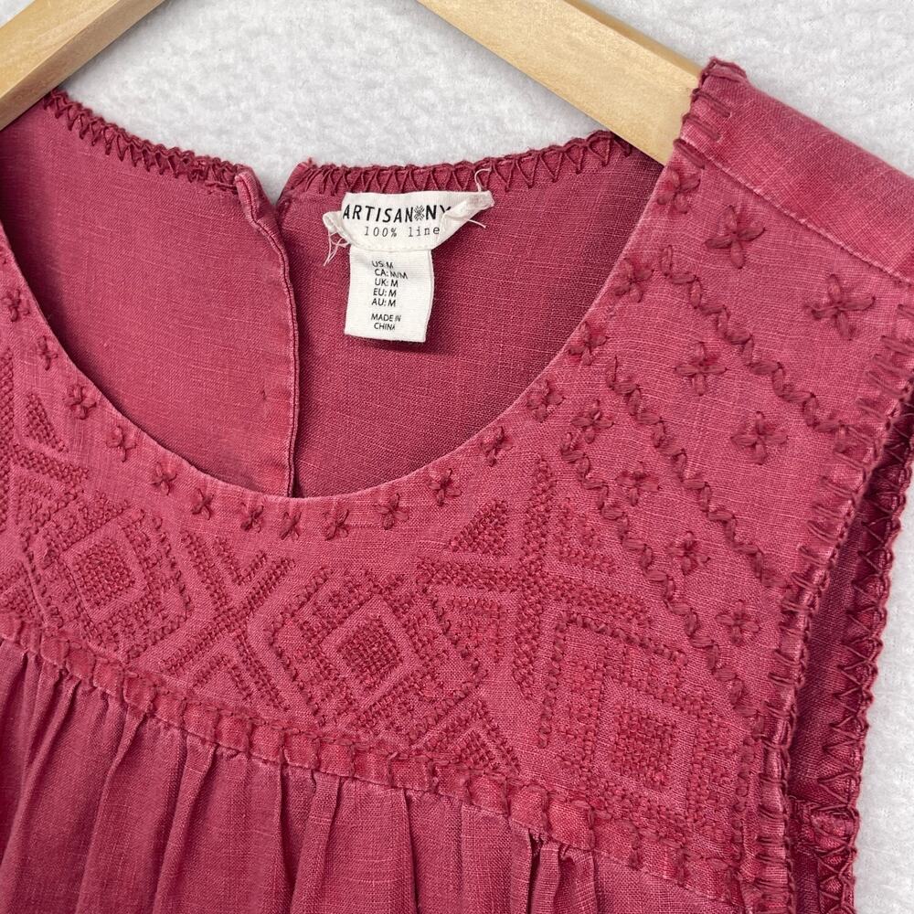 ARTISAN NY Dress M Linen Cross Stitch Embroidered Smocked Shift Tank Pink Red - Picture 6 of 11